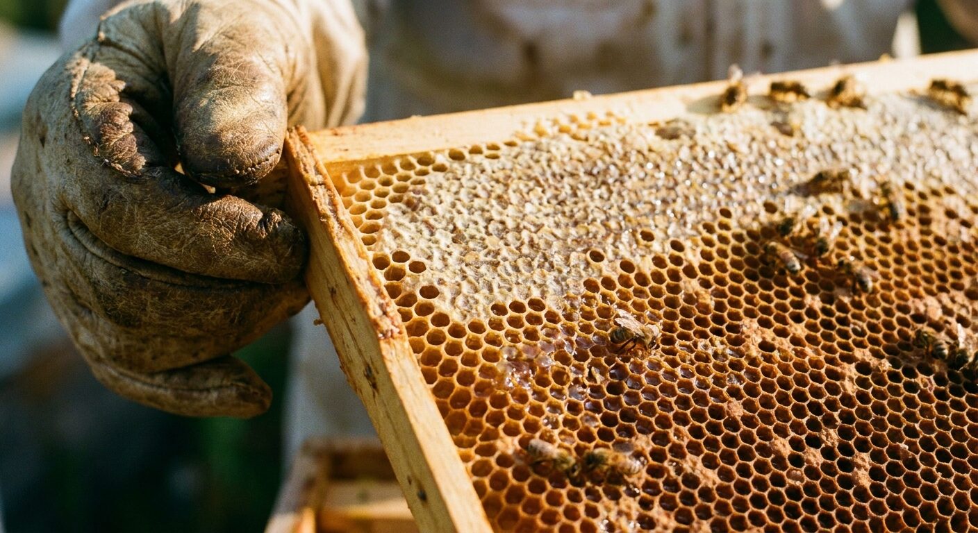 A beekeeper's gloved hands holding a frame of capped honeycomb