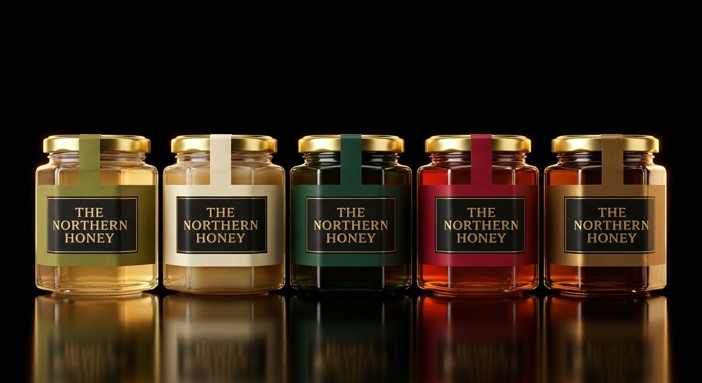 The full Northern Honey lineup — five hexagonal jars, one per valley, black labels with gold foil