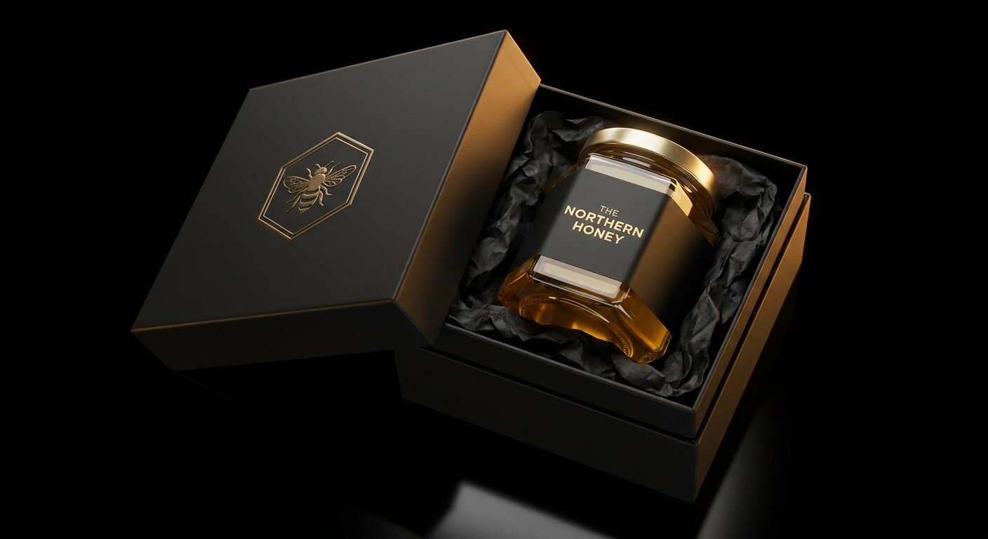 The Northern Honey gift box — jar nestled in black packaging with gold accents