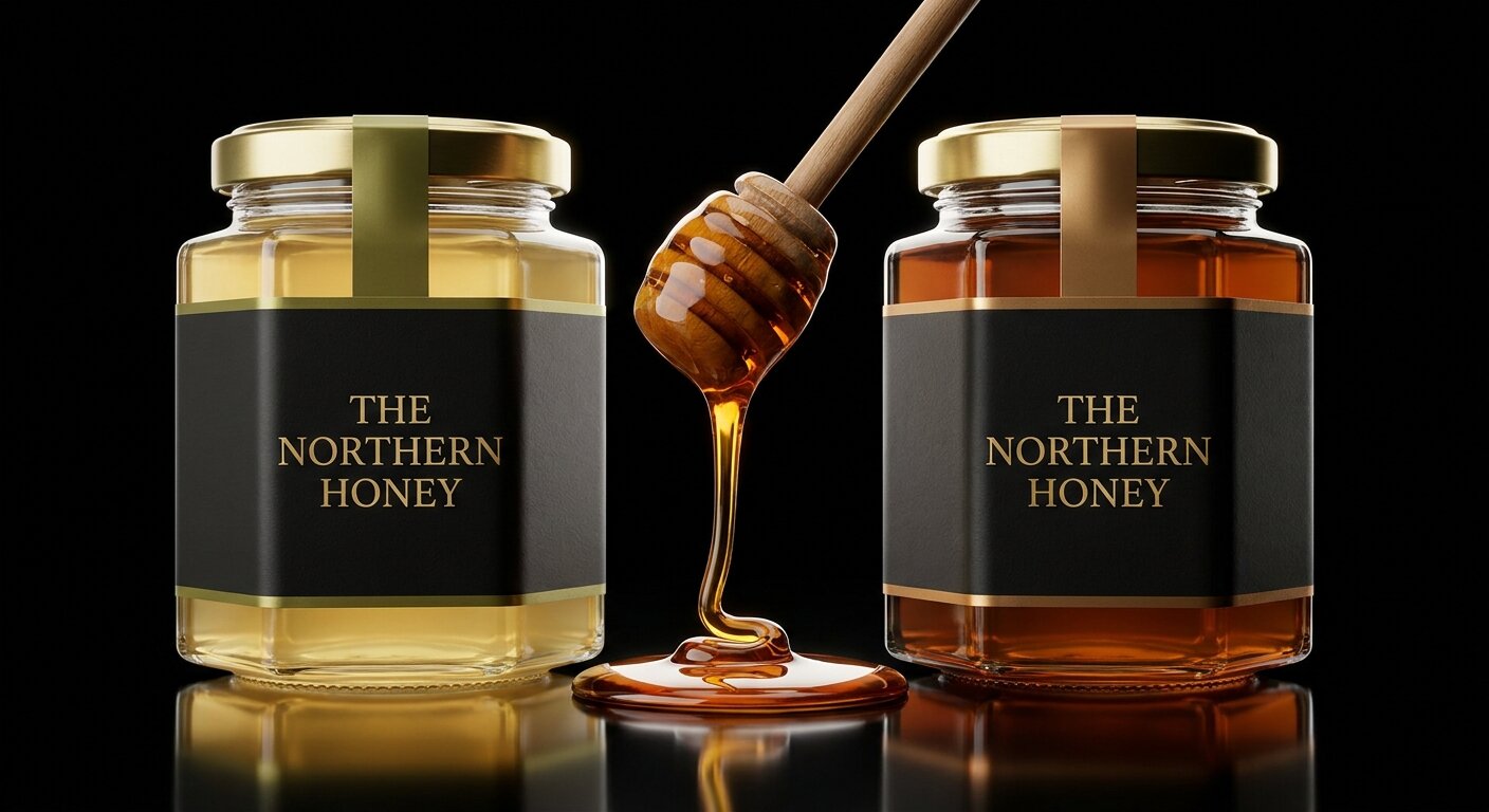 Two hexagonal jars of The Northern Honey staged together, black and gold labels