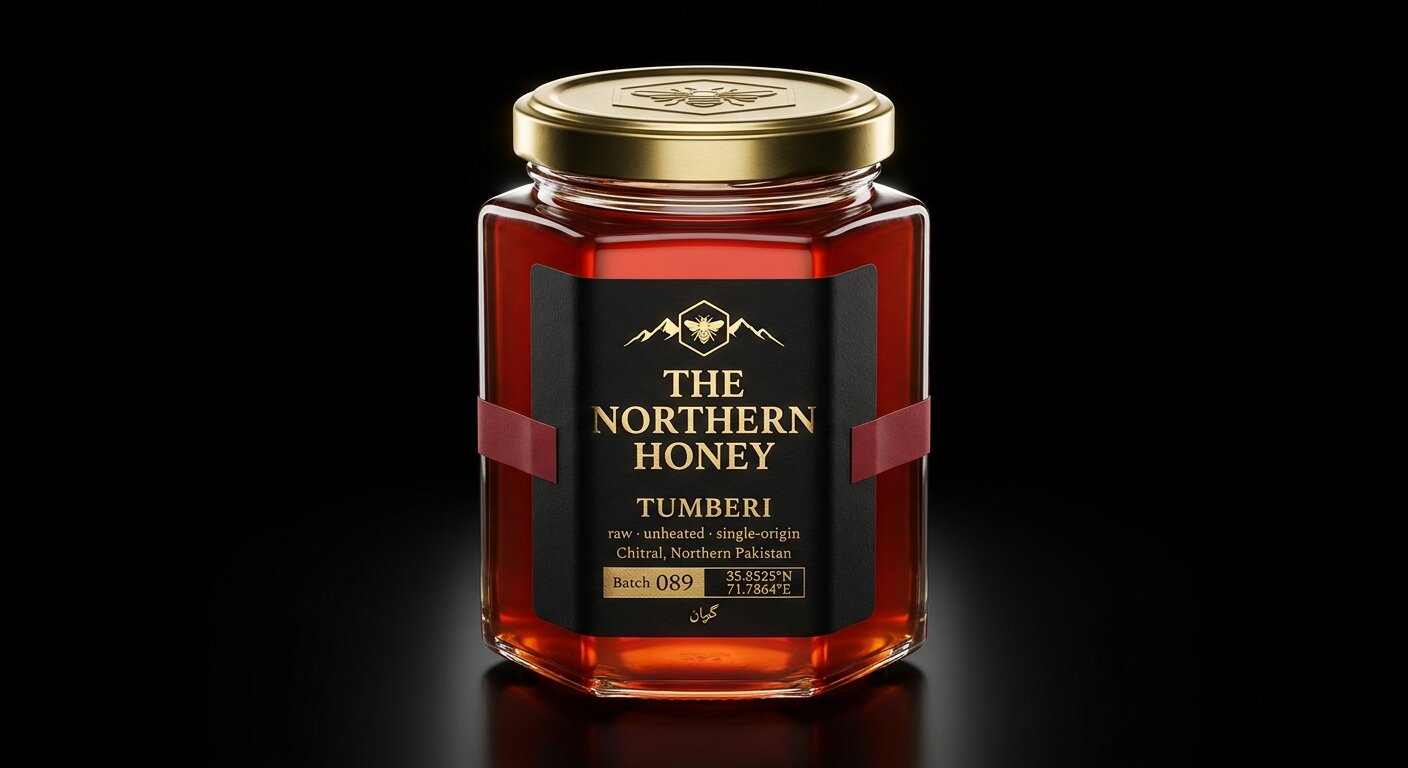 Tumberi Berry — hexagonal jar of The Northern Honey, matte black label with gold foil