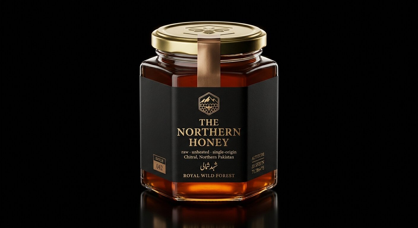 Royal Wild Forest — hexagonal jar of The Northern Honey, matte black label with gold foil